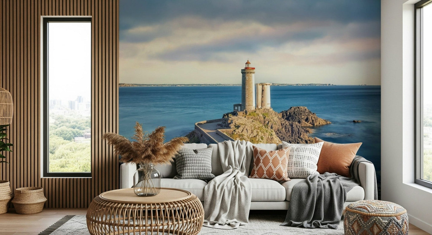 Oceanfront lighthouse wall decor in guest room, relaxed coastal style