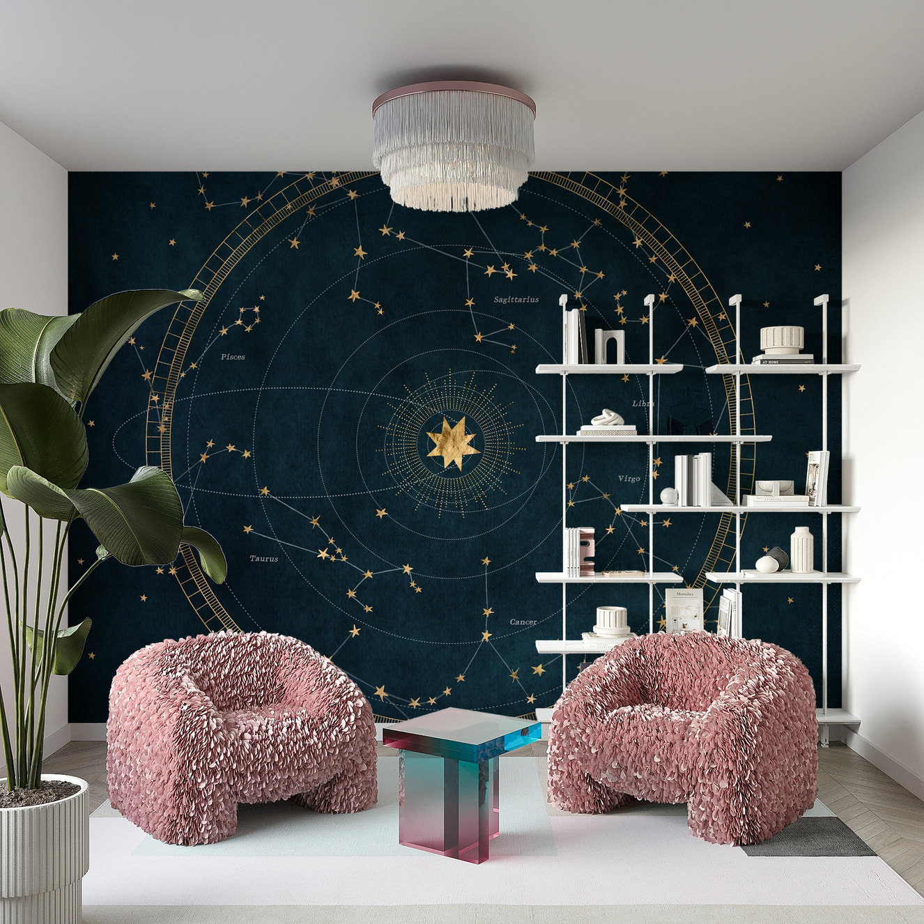 Deep petrol blue astrological wheel mural for a cosmic vibe.

