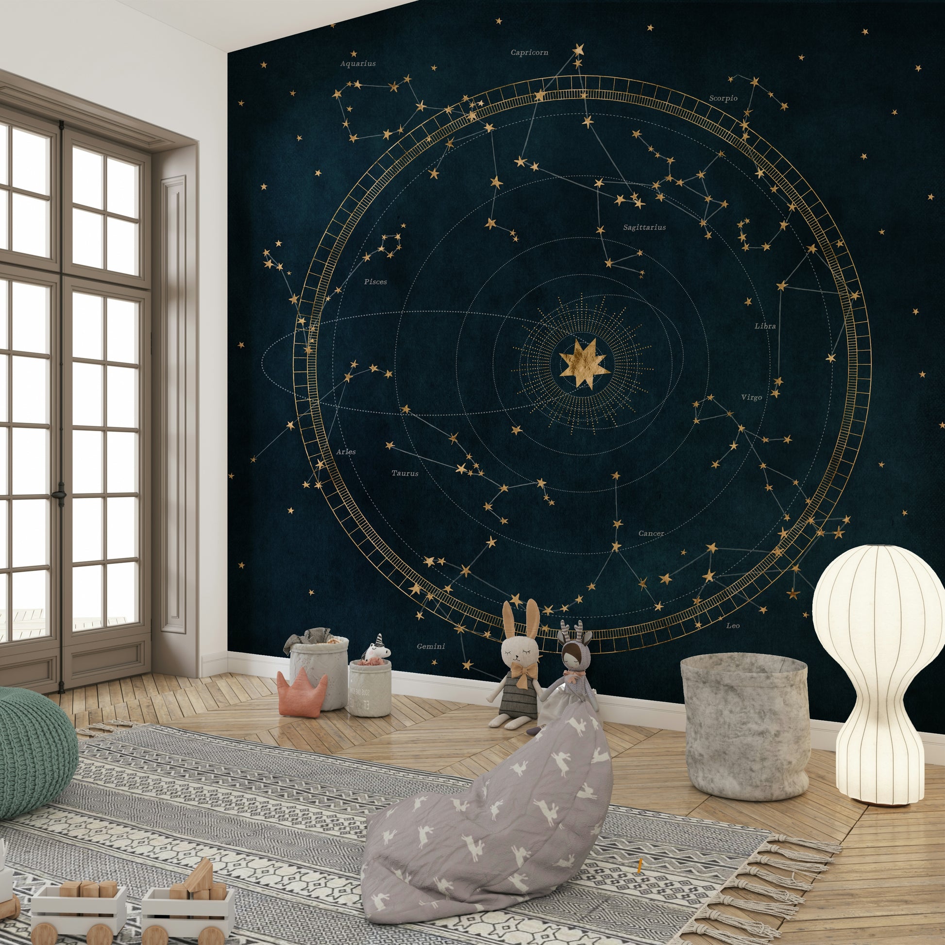 Petrol Astro Wheel Wall Mural with astrological wheel design.

