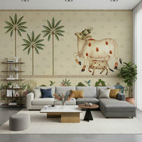 Pichwai style wall mural with traditional motifs in neutral colours for bedroom walls