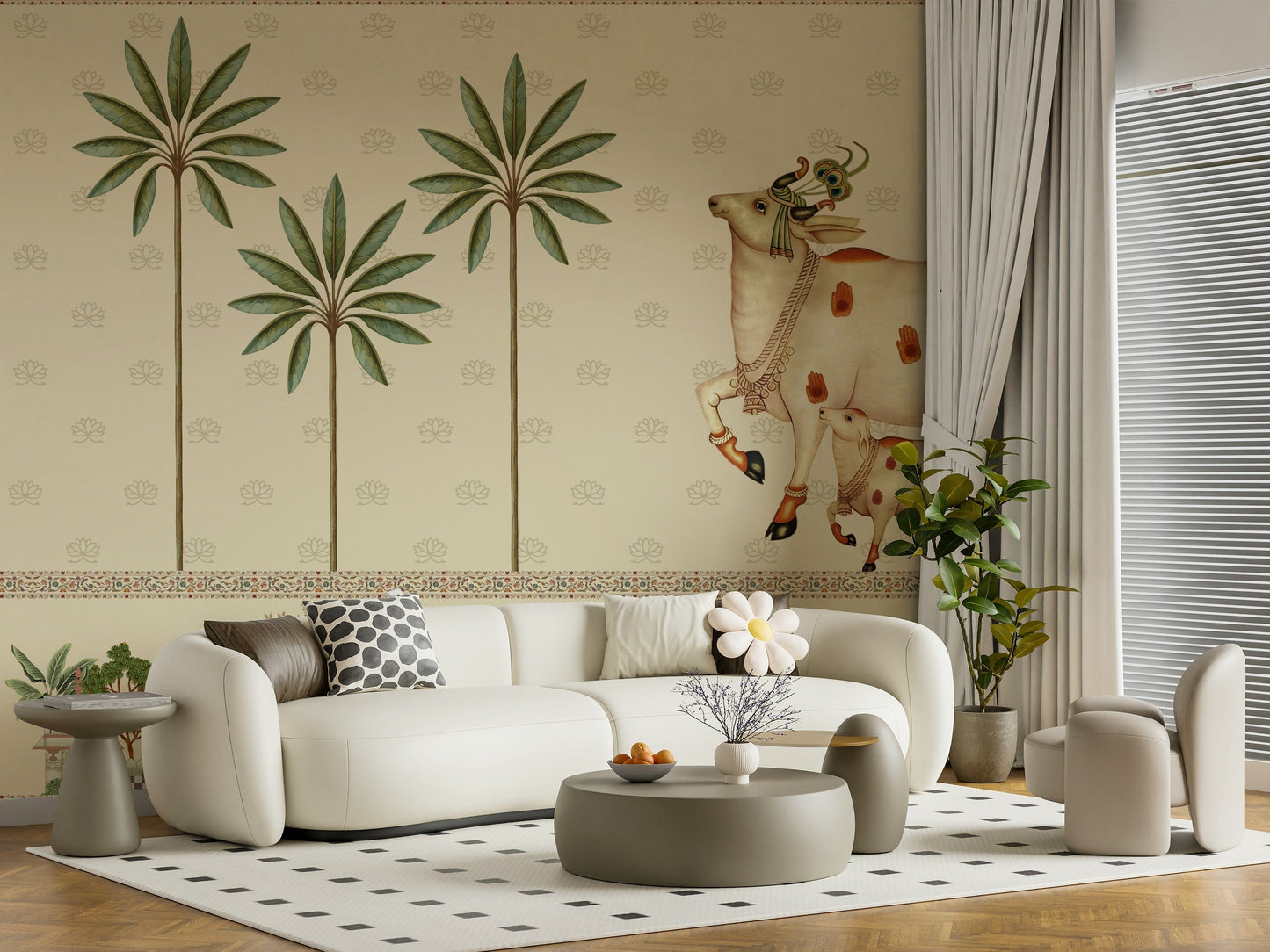 Elegant Pichwai wall mural with hand-painted look for office reception feature wall