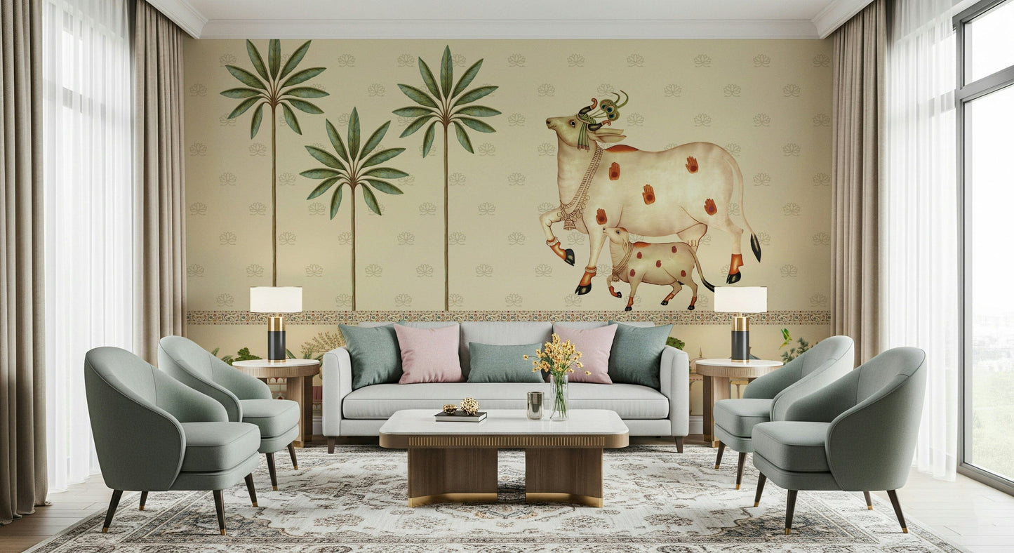 Large Pichwai Parampara Wall Mural with heritage Indian art style for living room statement wall