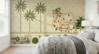 Traditional Pichwai wall mural in muted pastel shades designed for calm bedroom wall decor