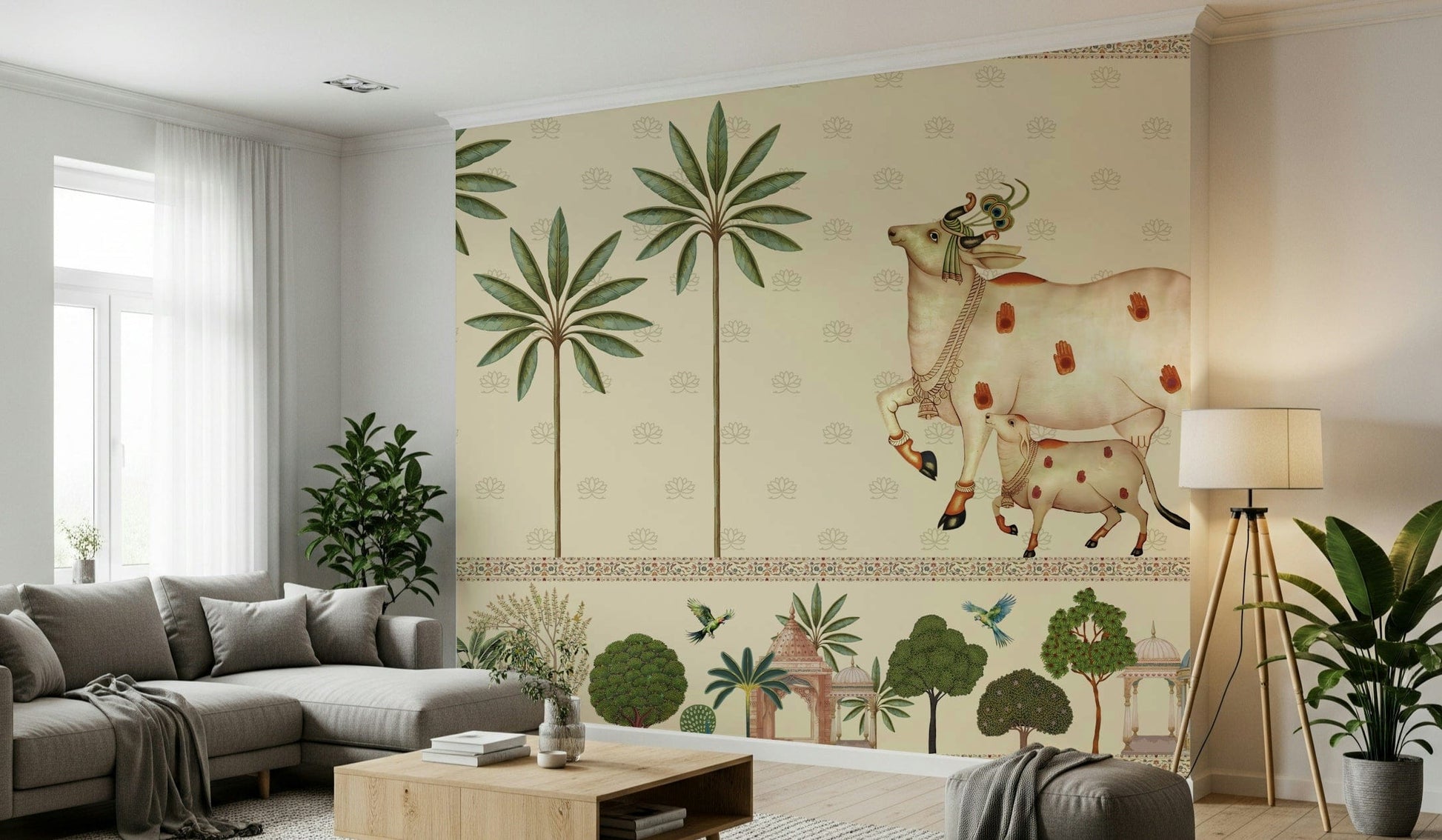 Pichwai Parampara Wall Mural showing detailed floral patterns in earthy colours for modern apartment interiors