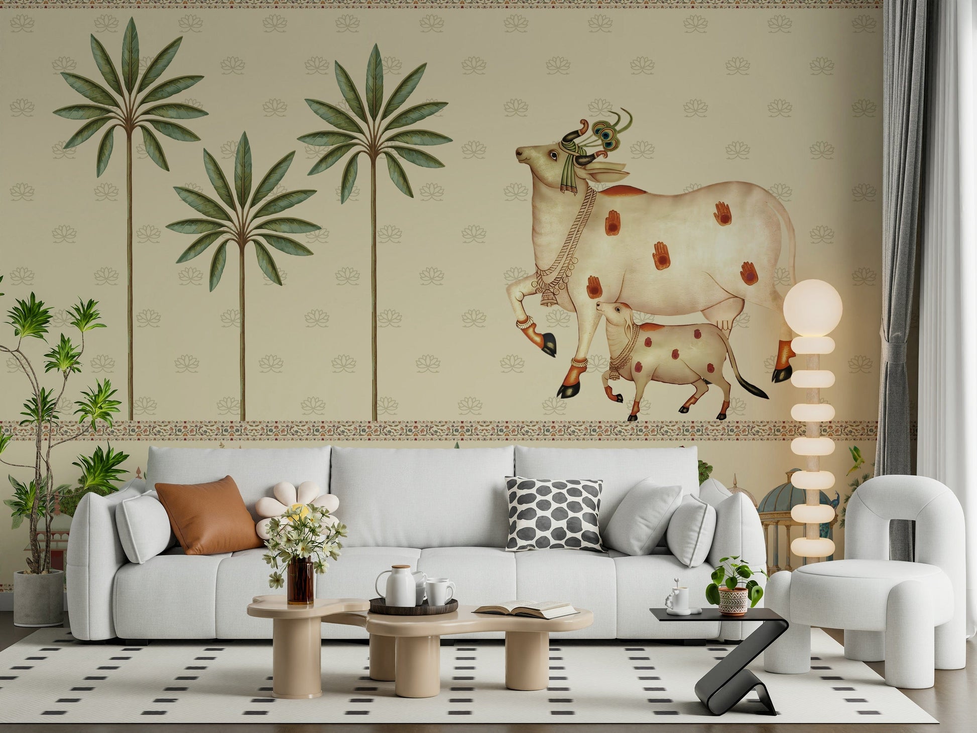 Indian Pichwai style wall mural with hand-painted cow motifs in beige and maroon for bedroom feature wall