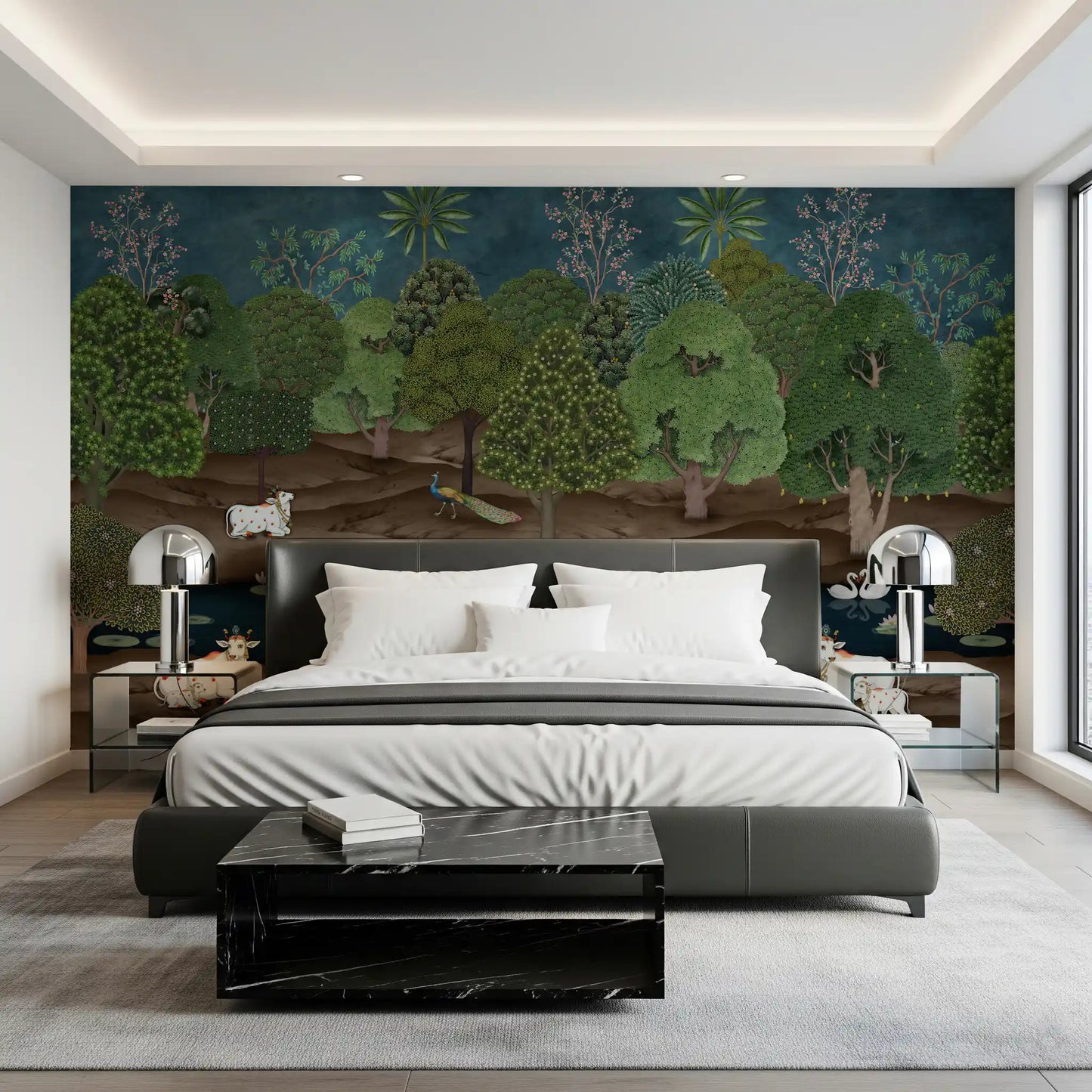 Pichwai Forest Wall Mural for bedroom shows serene lotus pond landscape