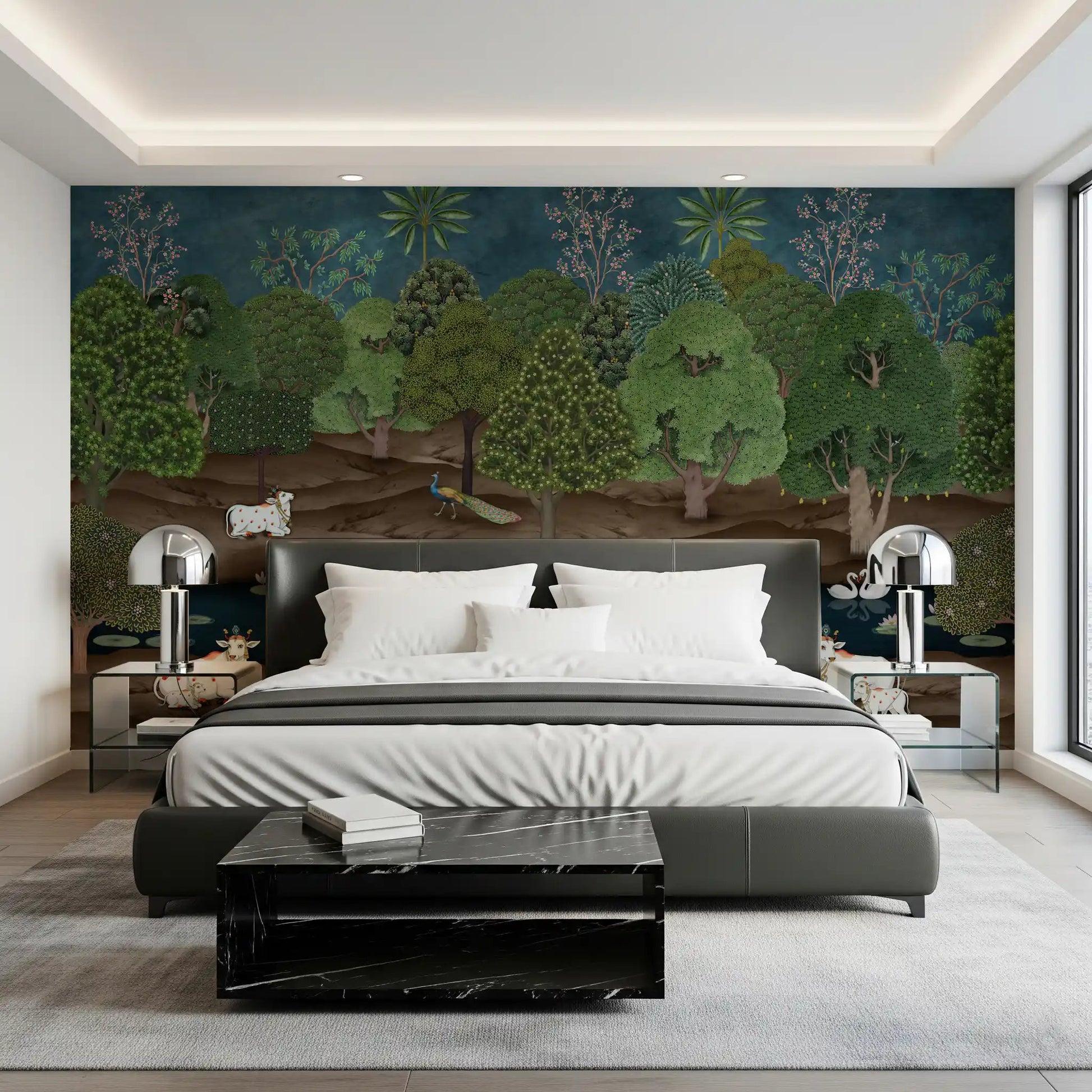 Pichwai Forest Wall Mural for bedroom shows serene lotus pond landscape
