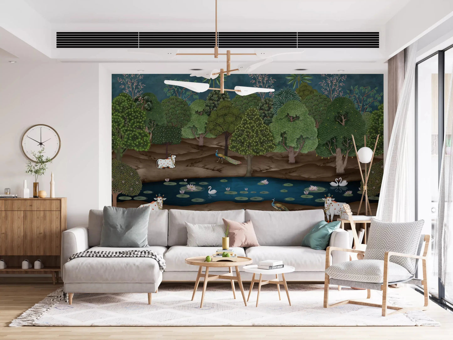 Detailed Pichwai Divine Grace Wall Mural for hallway featuring painted peacocks