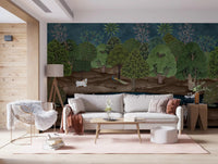 Deep blue tones in Pichwai Forest Divine Grace Wall Mural for living room.