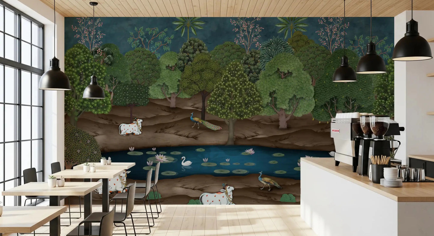 Vibrant wildlife featured in Pichwai  Divine Grace Wall Mural