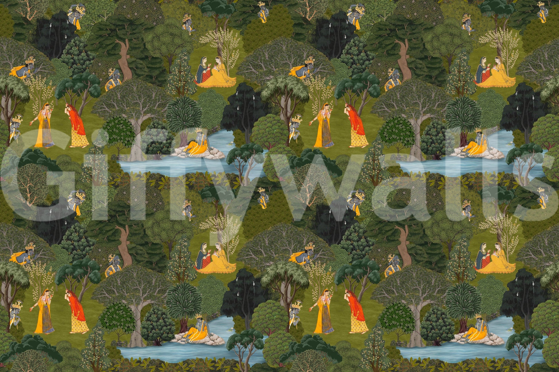 Jungle Wallpaper with intricate forest details inspired by Pichwai paintings