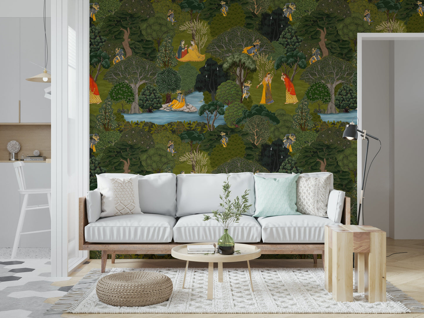 Jungle Wallpaper with intricate forest details inspired by Pichwai paintings