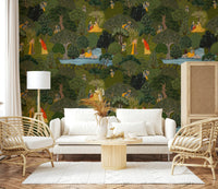 Nature Wallpaper with layered green trees and river scenes in Pichwai style