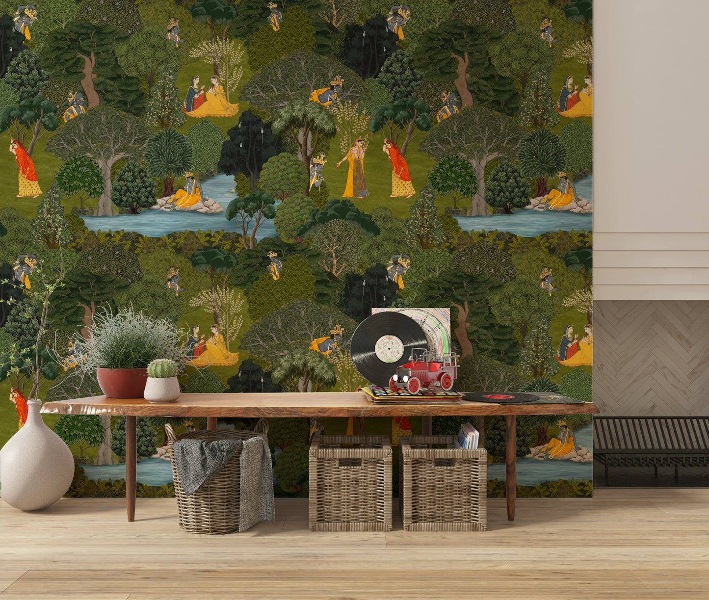 Nature Wallpaper featuring hand-painted trees, foliage, and traditional Indian figures