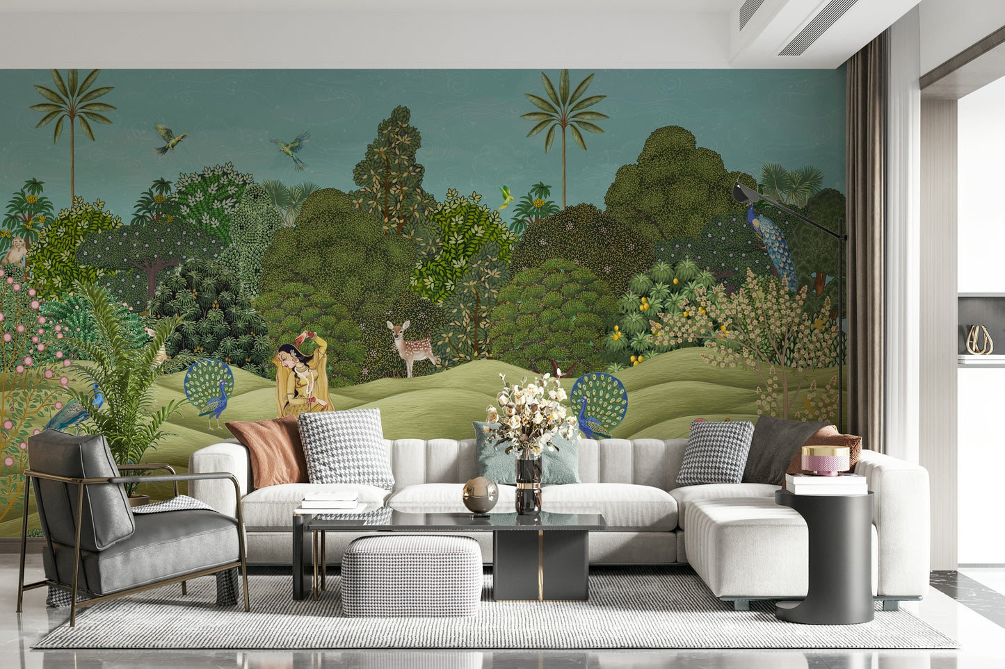 Soft colour Pichwai palm mural wallpaper enhancing a relaxed living room atmosphere