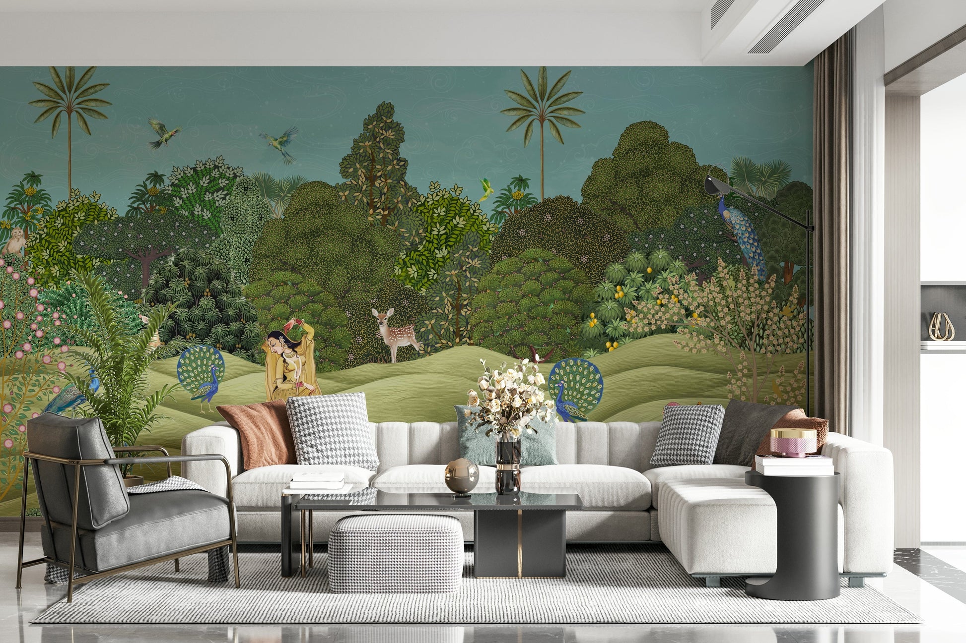 Soft colour Pichwai palm mural wallpaper enhancing a relaxed living room atmosphere
