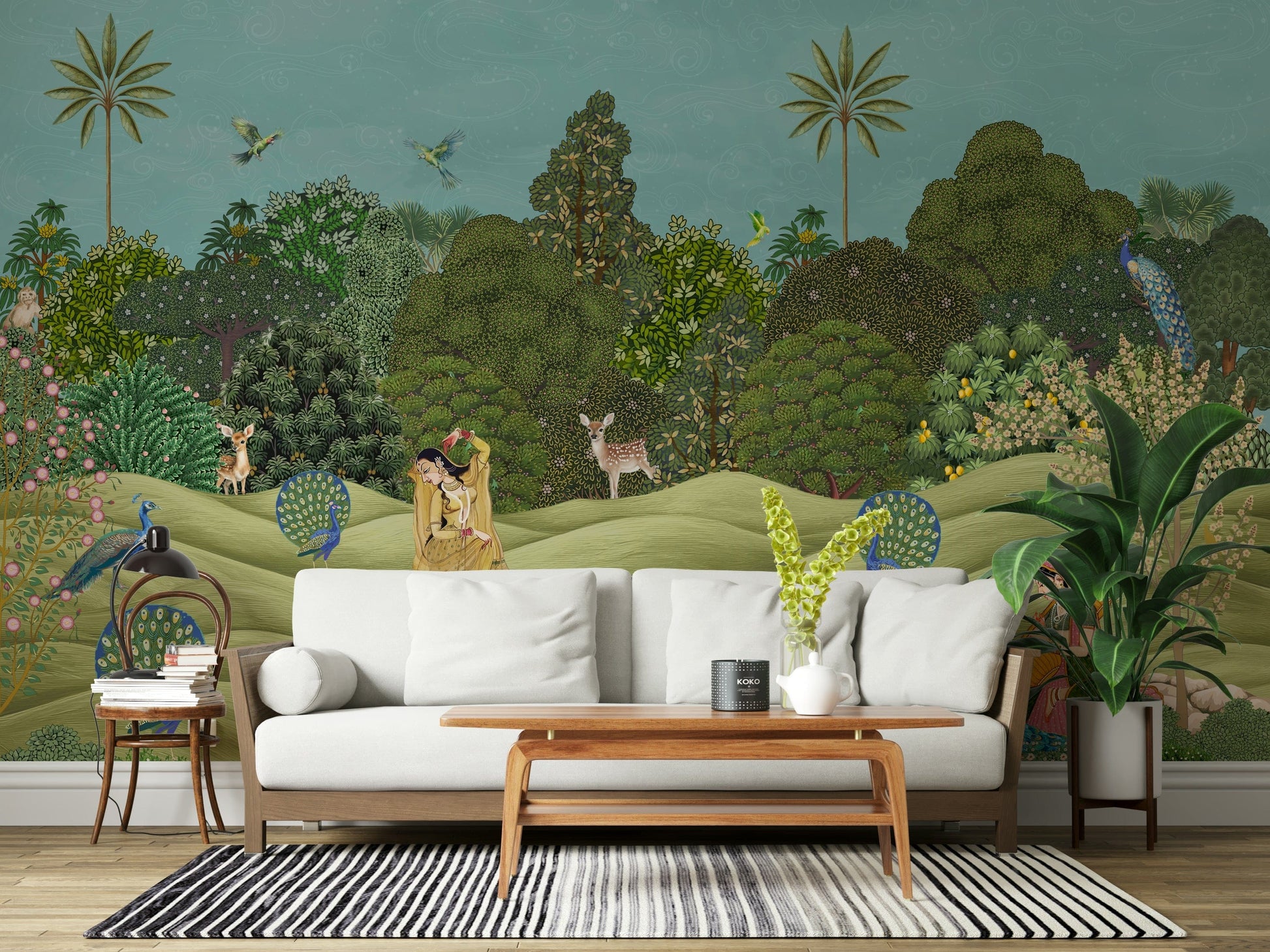 Pichwai Palms mural wallpaper used as a feature wall in a modern apartment living area
