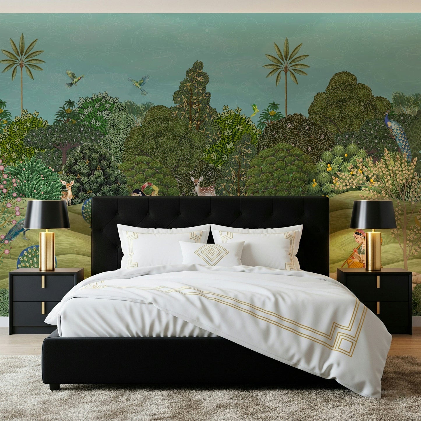 Pichwai Palms wall mural with hand-painted palm motifs in earthy green tones for living room wall decor