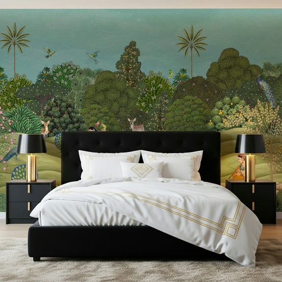 Pichwai Palms wall mural with hand-painted palm motifs in earthy green tones for living room wall decor