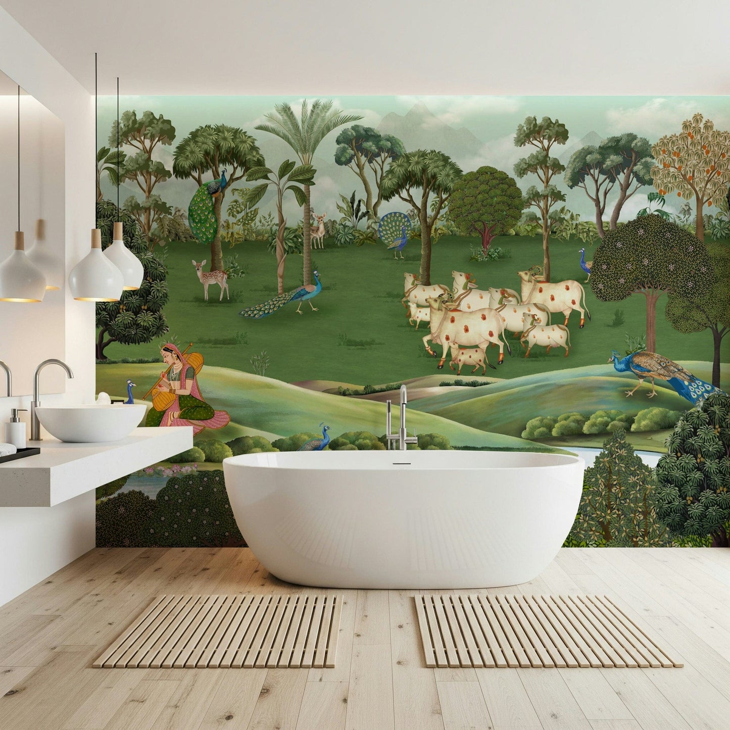 Pichwai Pastures Wall Mural in office space with traditional art background