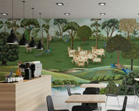 Pichwai inspired wall mural used in apartment living room with warm color palette