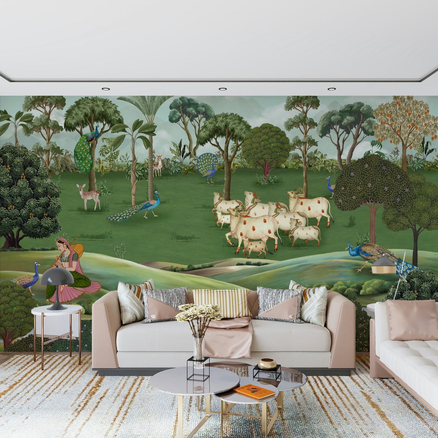 Artistic wall mural showing pastoral cows and nature in Pichwai design style