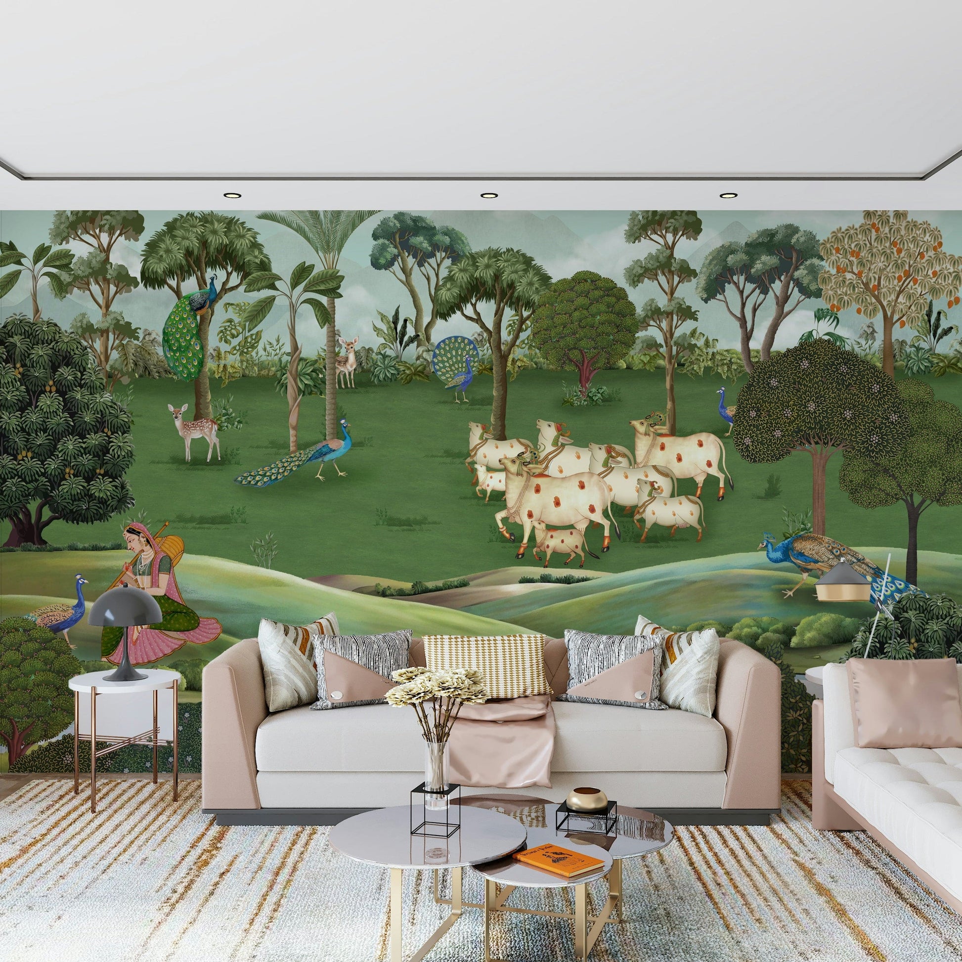 Artistic wall mural showing pastoral cows and nature in Pichwai design style