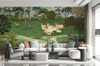 Pichwai Pastures Wall Mural behind sofa in neutral living space with artistic wall decor