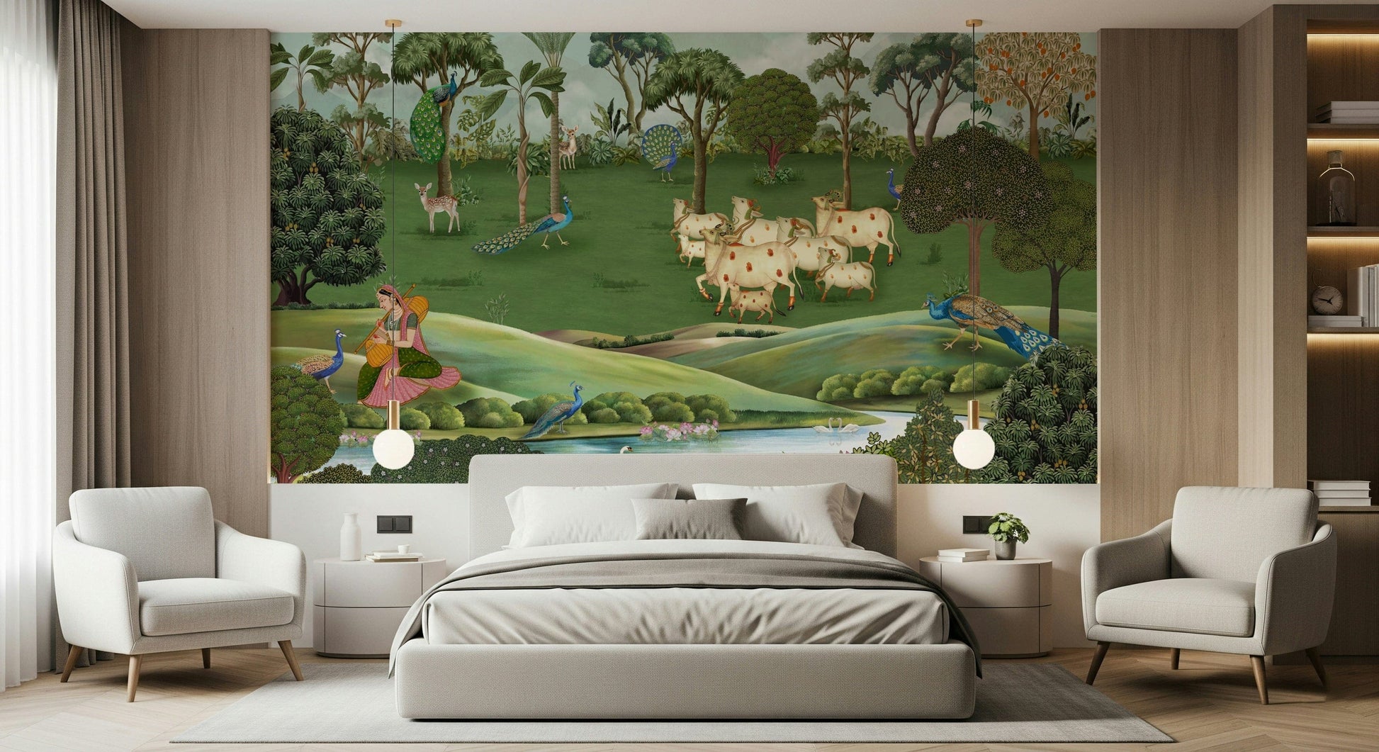 Traditional Pichwai style wall mural used as feature wall in modern home interior