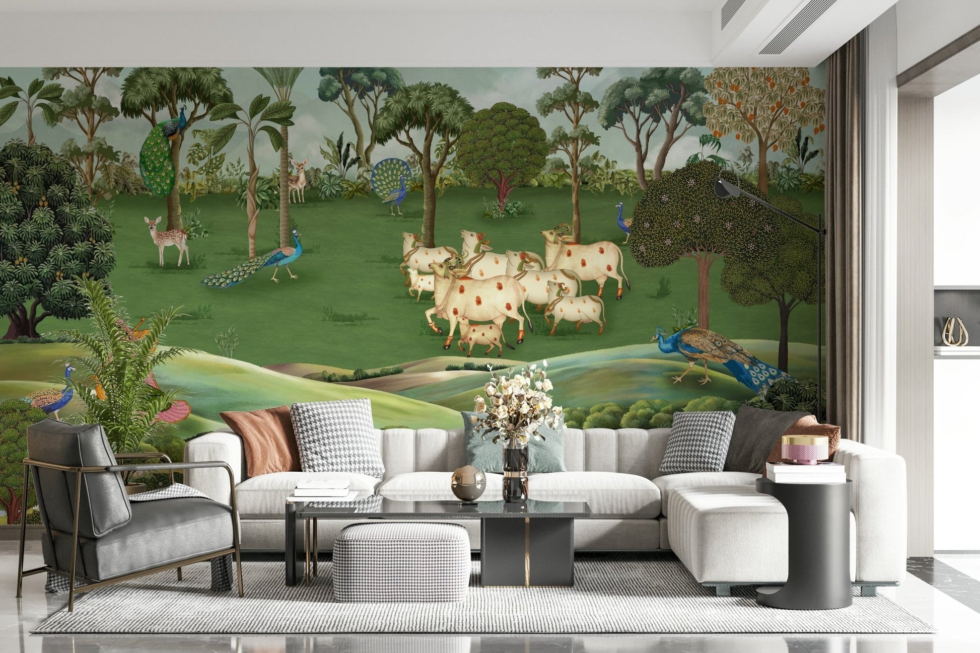 Pichwai Pastures Wall Mural behind sofa in neutral living space with artistic wall decor