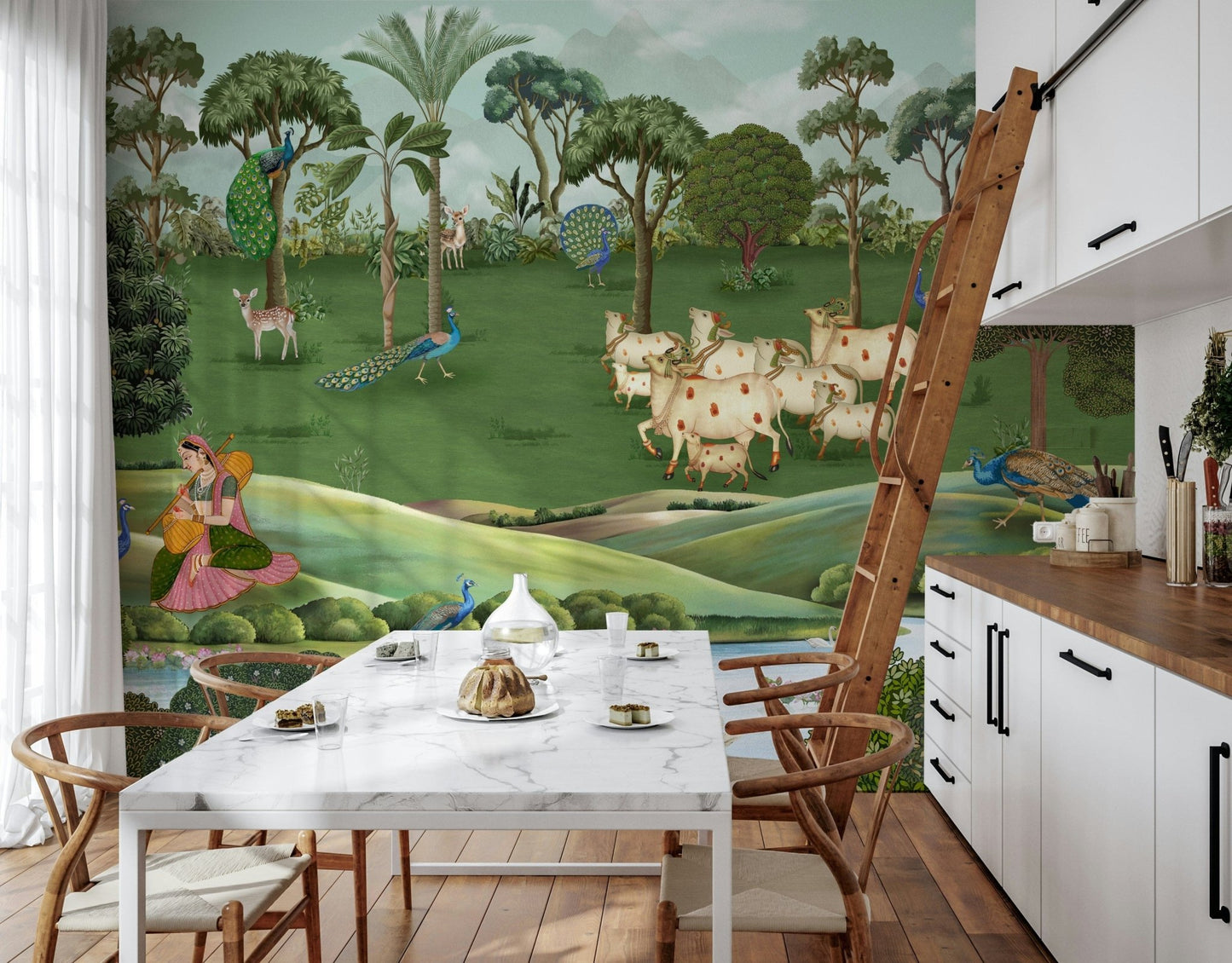 Hand-painted style Pichwai mural wallpaper in bedroom with calm rural theme