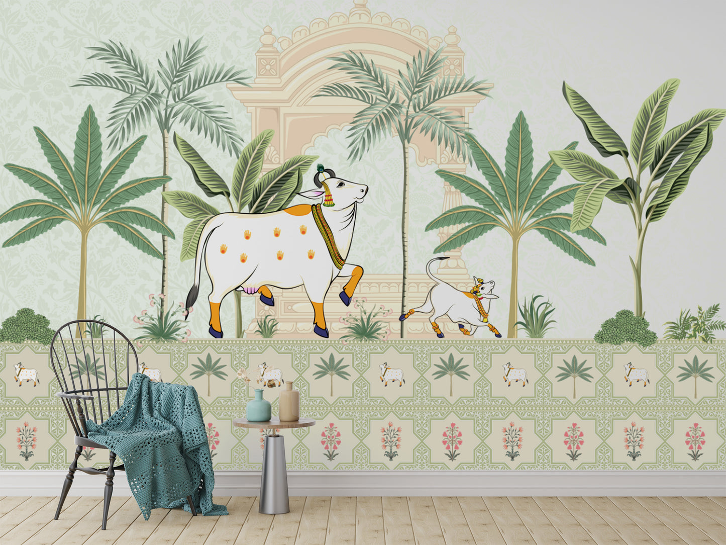 Sacred cow and nature-themed wallpaper with vintage appeal




