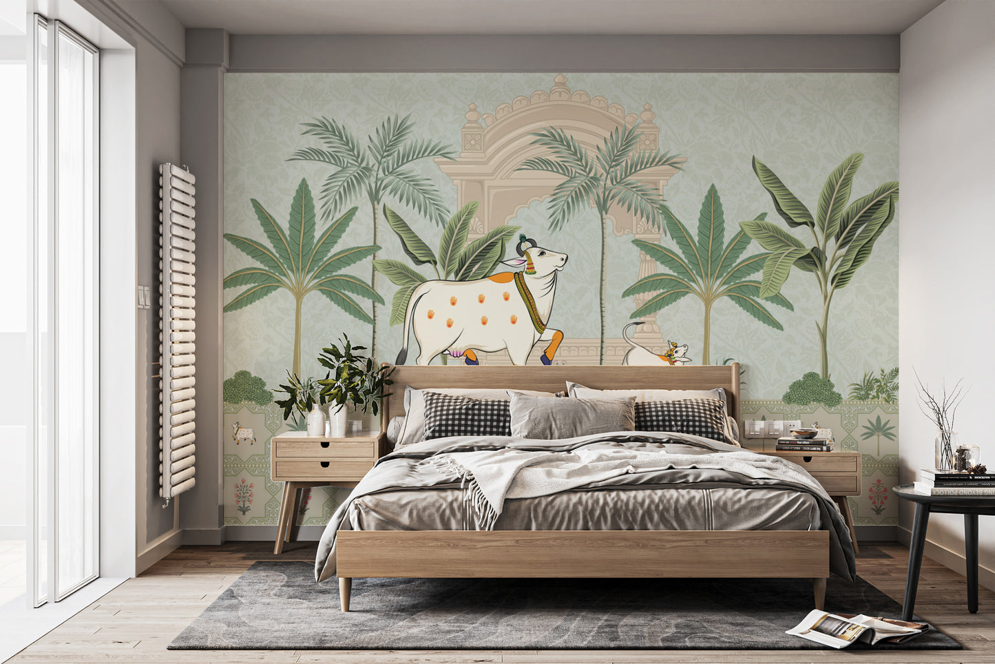 Vintage Pichwai cow wall mural in pastel green tones
