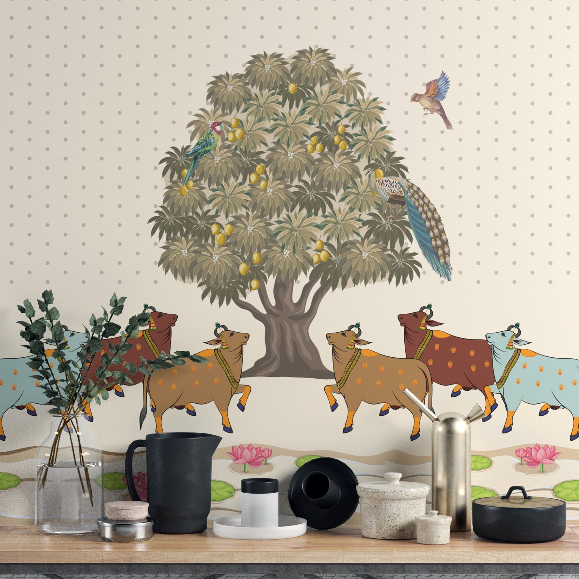 Pichwai Sacred Cows Mango Tree Mural for bedroom
