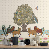 Pichwai Sacred Cows Mango Tree Mural for bedroom
