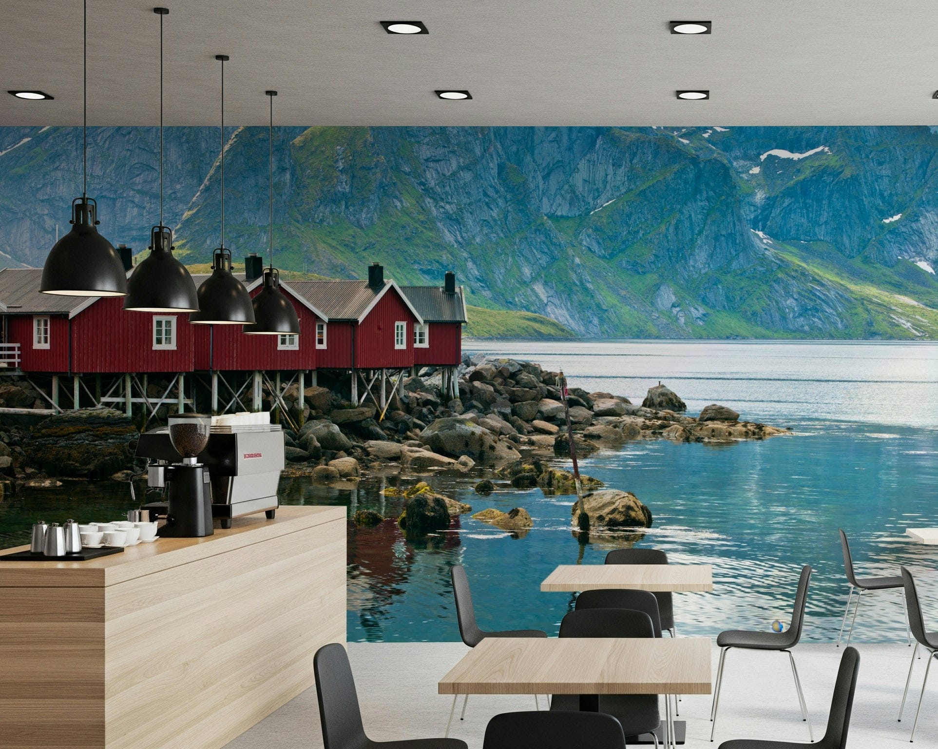 Waterfront cabins wall mural with peaks