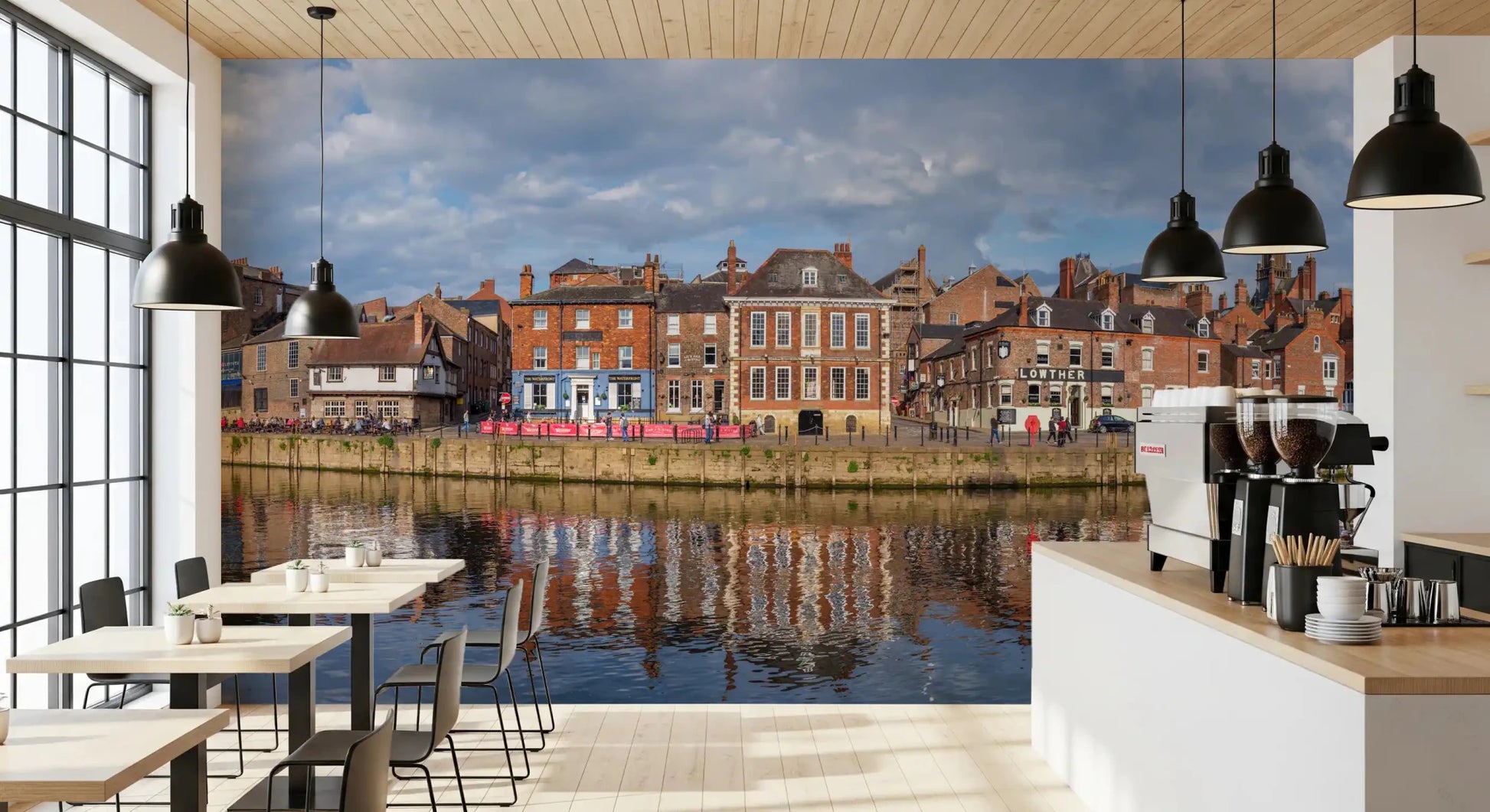 Scenic river reflection on a Picturesque Riverfront Wall Mural for cafe.