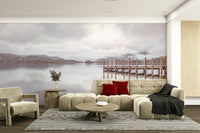 Calming pier on the shores wall mural with soft reflections.

