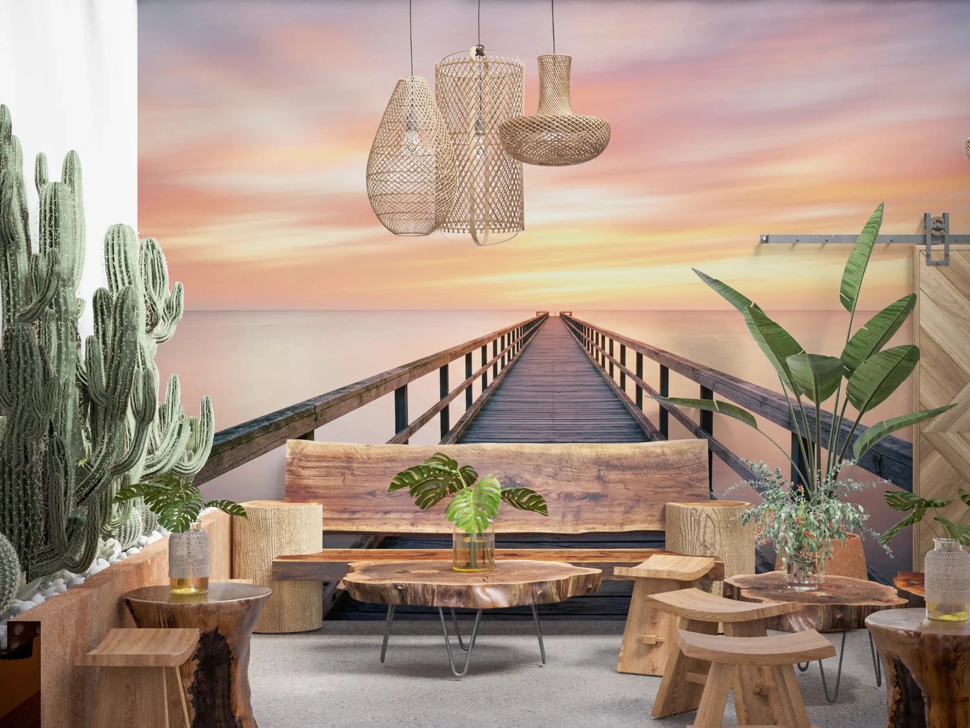 Relaxing seaside pier to dream wallpaper with neutral color palette for cafe.

