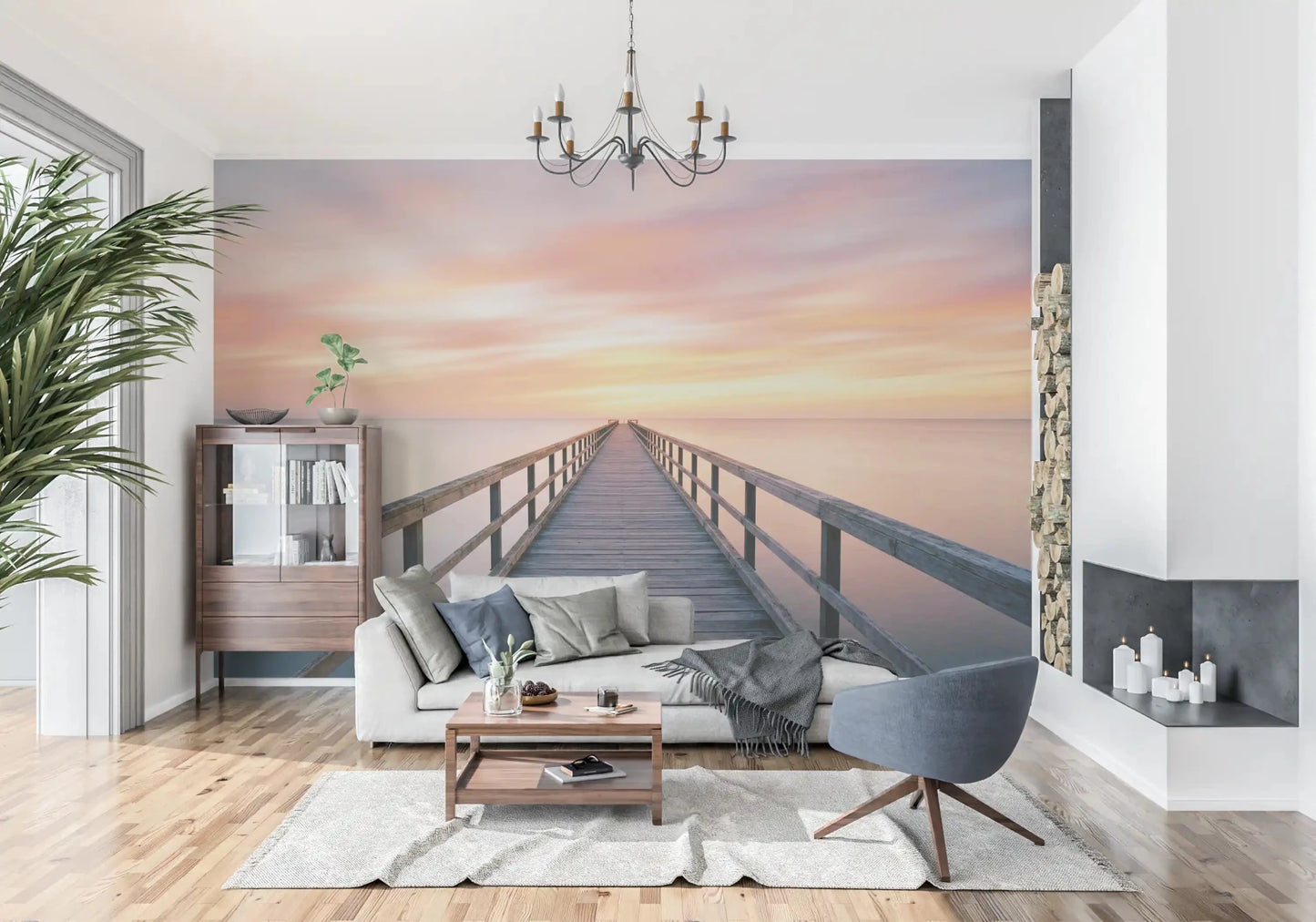 Coastal inspired pier to dreams wall mural for hallway interiors.
