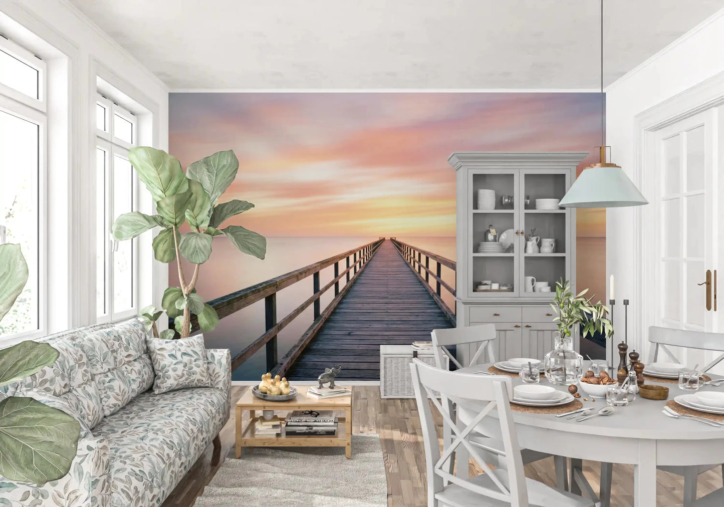 Serene ocean pier wallpaper design creates a calming atmosphere for dining room.