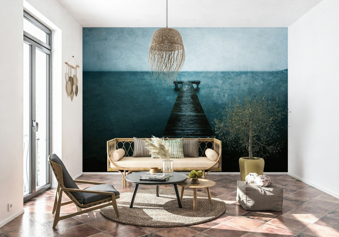 Coastal pier wall mural in modern living room, soft blue-gray color tones, calm feature wall
