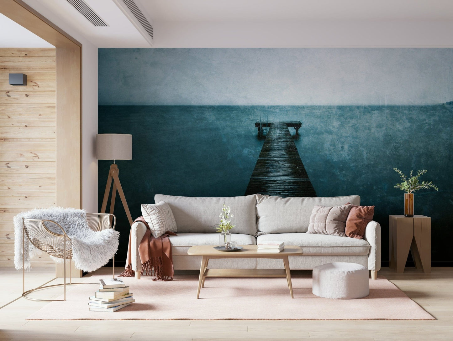 Pier stretching into ocean mural for hallway, blue-gray color scheme, modern wall decor