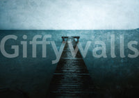 Pier's Edge Wall Mural in entryway, modern console table, calm ocean landscape