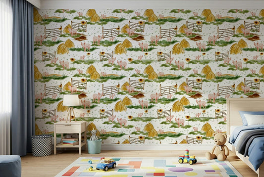Country style Piggy Farm Watercolor wall paper with cute animals.