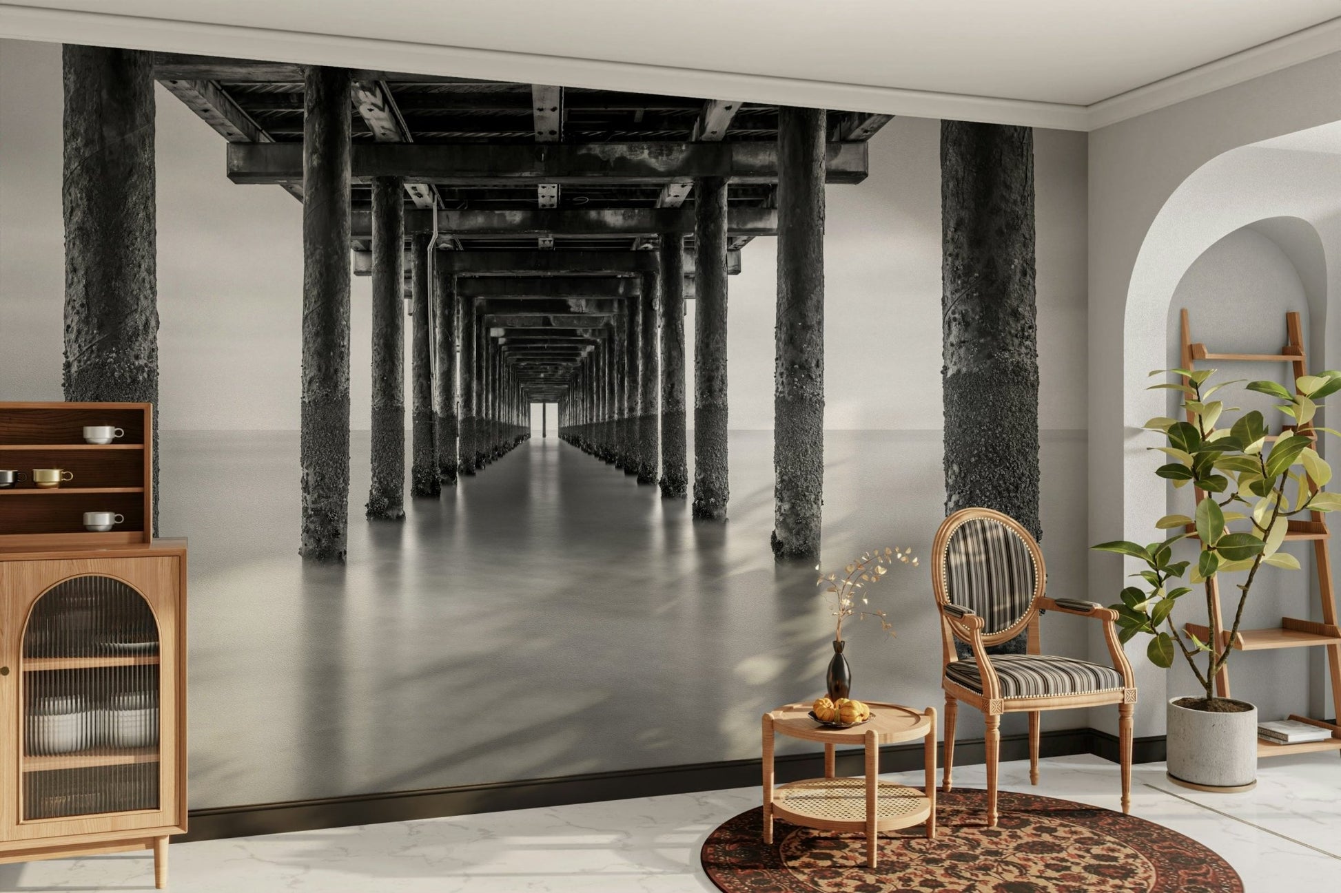 Captures the essence of the architectural beauty and serene atmosphere under a pier.
