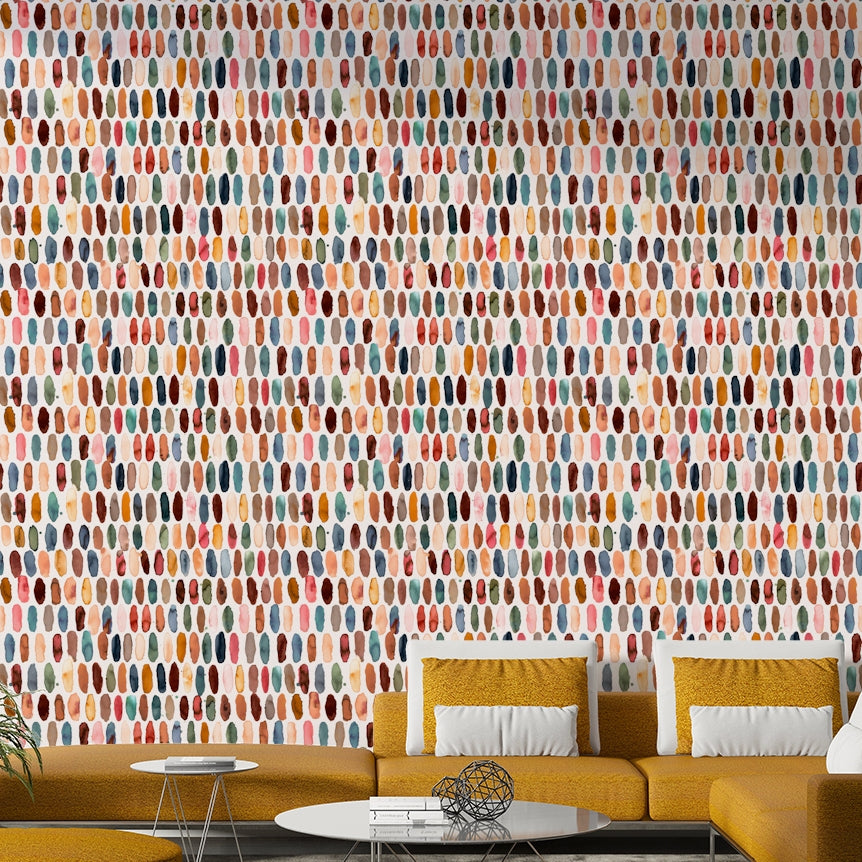 Scandinavian-style mural with pill-shaped pattern in warm tones.

