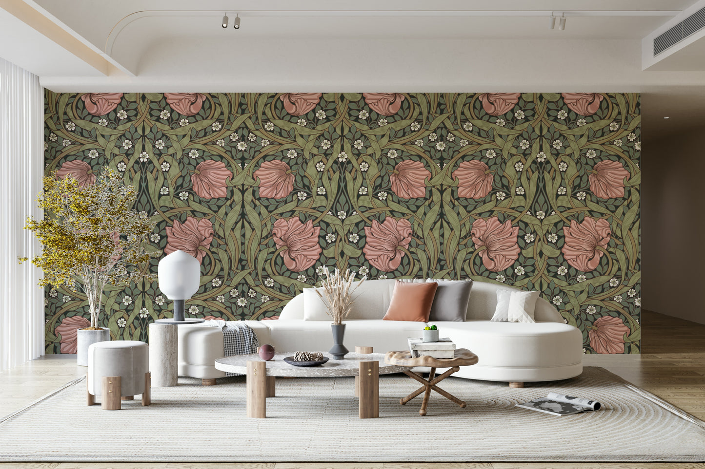 Intricate floral wallpaper with earthy tones

