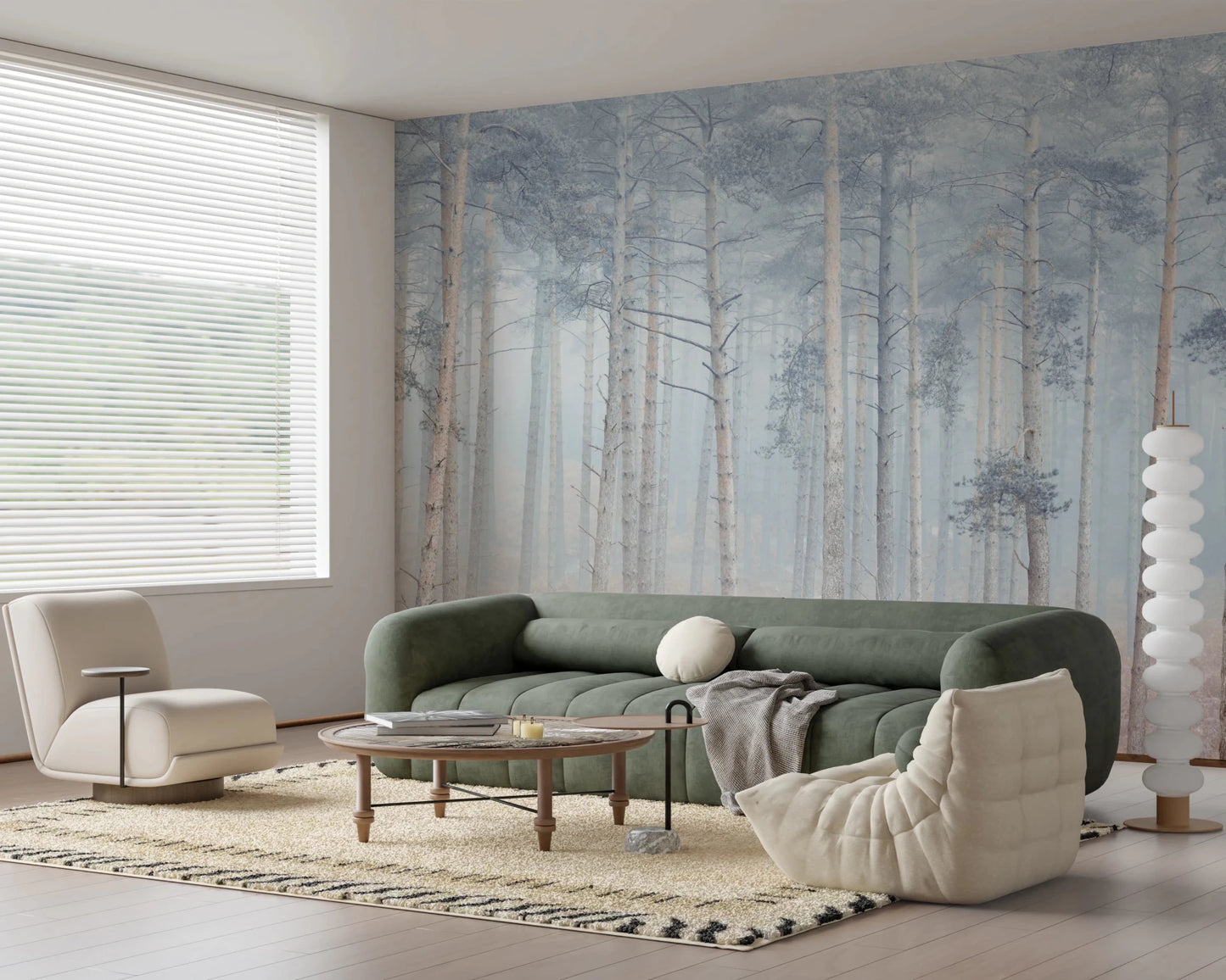 Gray and beige colors in this Pine Forest Serenity Wall Mural landscape.