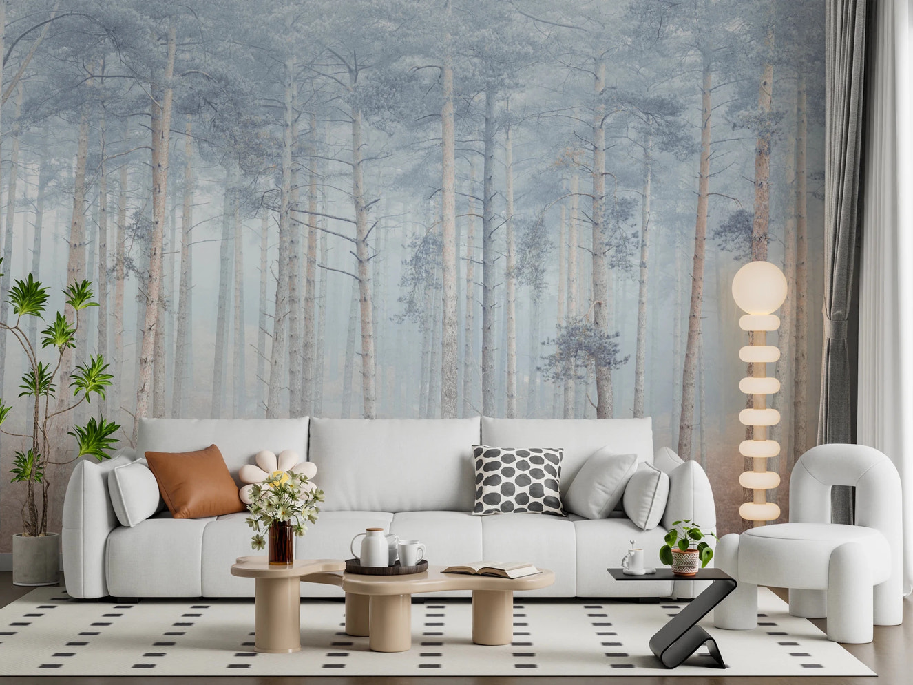 Muted gray Pine Forest Serenity Wall Mural for a living room showing hazy woodland trees.